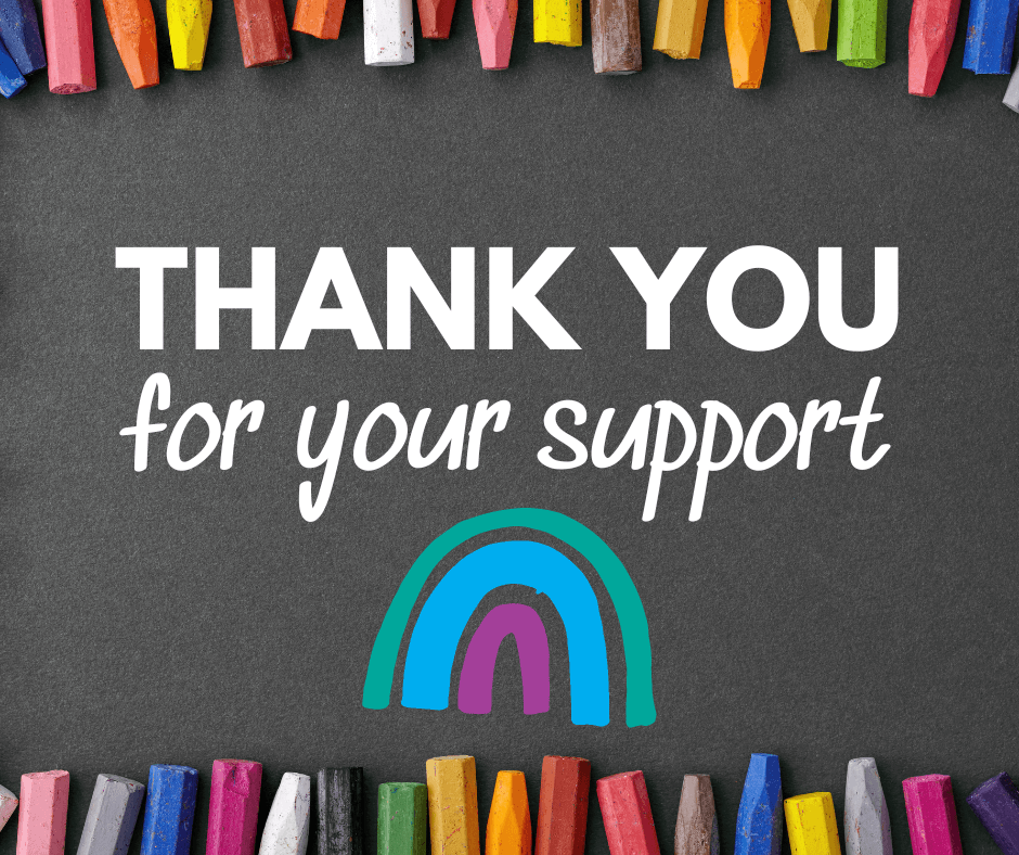 On a charcoal background is white text reading 'Thank you for your support'. Above the text is a triple arch coloured teal, blue and purple. Across the top and bottom edges are the tips of coloured crayons in rows.