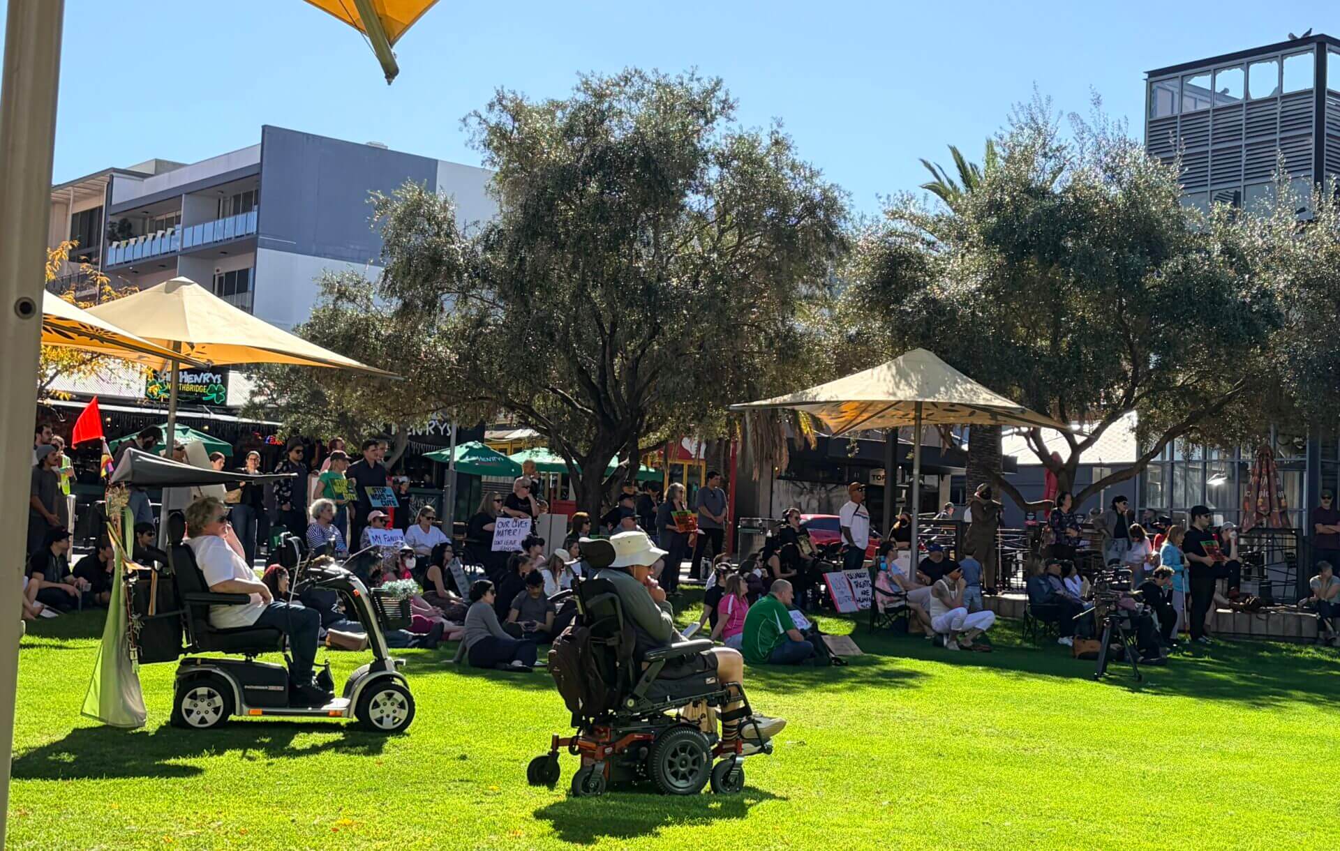 A large group of people with disability and supports attending the Perth Rally to protest cuts to the NDIS on Saturday 9th May 2026