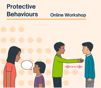 Protective Behaviours Online Workshop. A woman and a child facing each other talking on the left. Two men facing each other with one of the mans arms held out with as double sided arrow between them on the right.